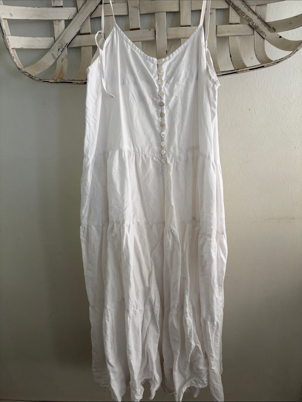 White Tiered Button-Front Spaghetti-Strap Jumpsuit